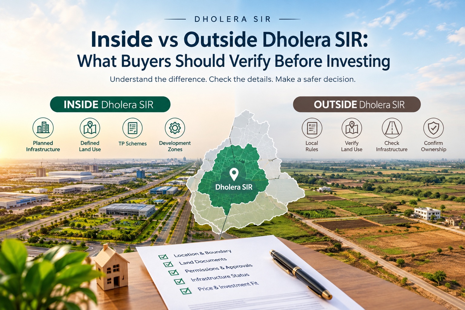 Inside vs outside Dholera SIR comparison showing infrastructure, land verification and plot-buying checks.